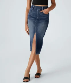 Denim Skirts|Maxi & Midi Skirts<HALARA Flex™ High Waisted Pockets Bodycon Washed Denim Casual Midi Skirt