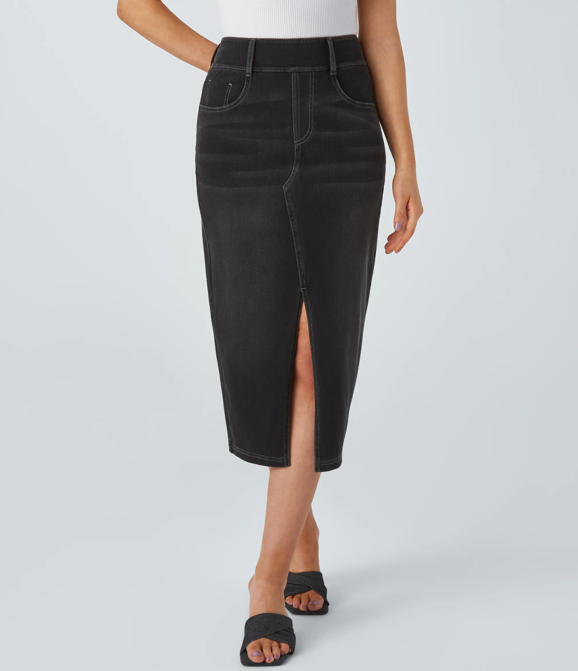 Denim Skirts|Maxi & Midi Skirts<HALARA Flex™ High Waisted Pockets Bodycon Washed Denim Casual Midi Skirt