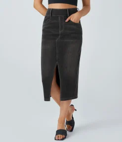 Denim Skirts|Maxi & Midi Skirts<HALARA Flex™ High Waisted Pockets Bodycon Washed Denim Casual Midi Skirt