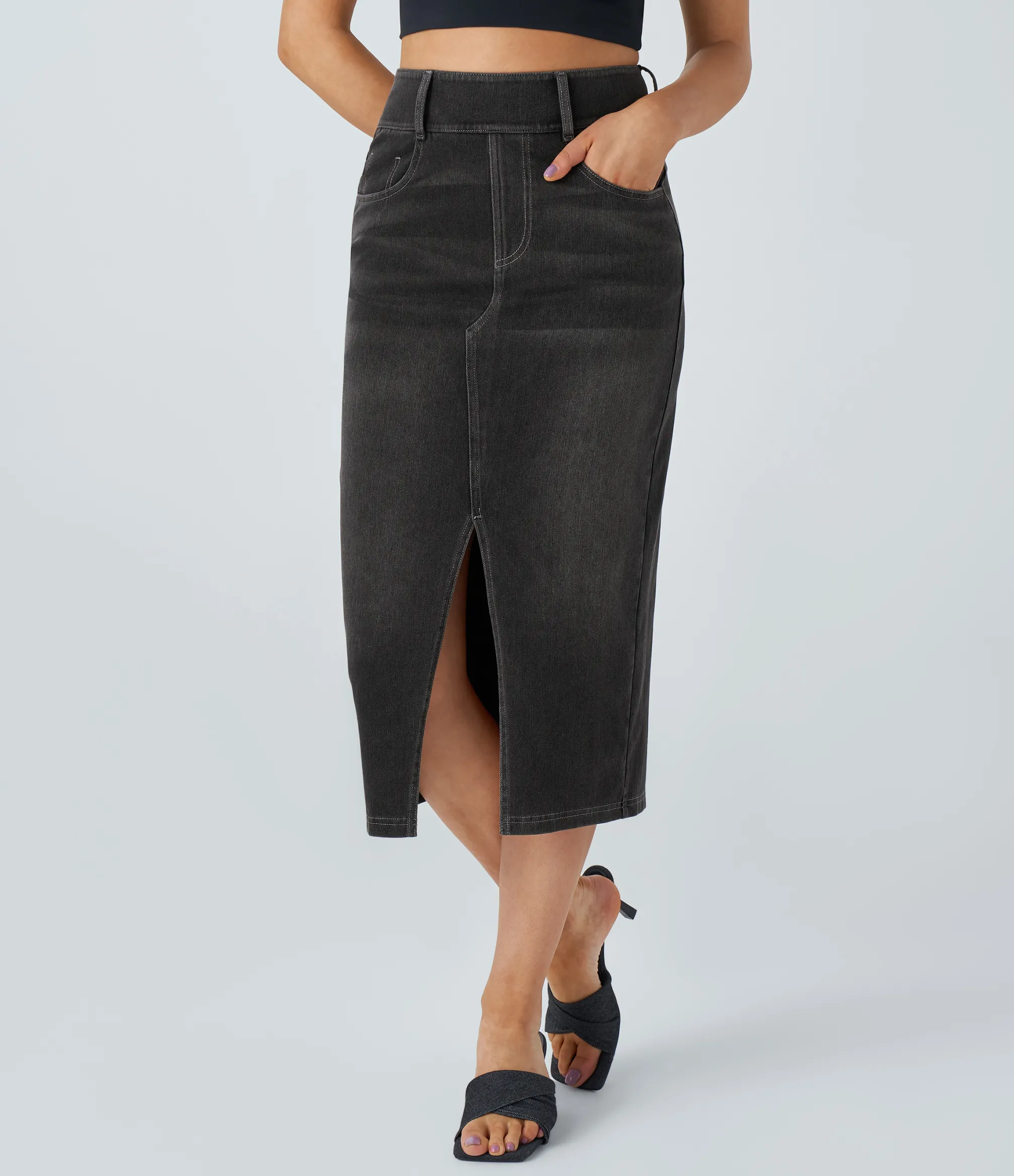 Denim Skirts|Maxi & Midi Skirts<HALARA Flex™ High Waisted Pockets Bodycon Washed Denim Casual Midi Skirt