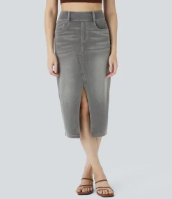 Denim Skirts|Maxi & Midi Skirts<HALARA Flex™ High Waisted Pockets Bodycon Washed Denim Casual Midi Skirt