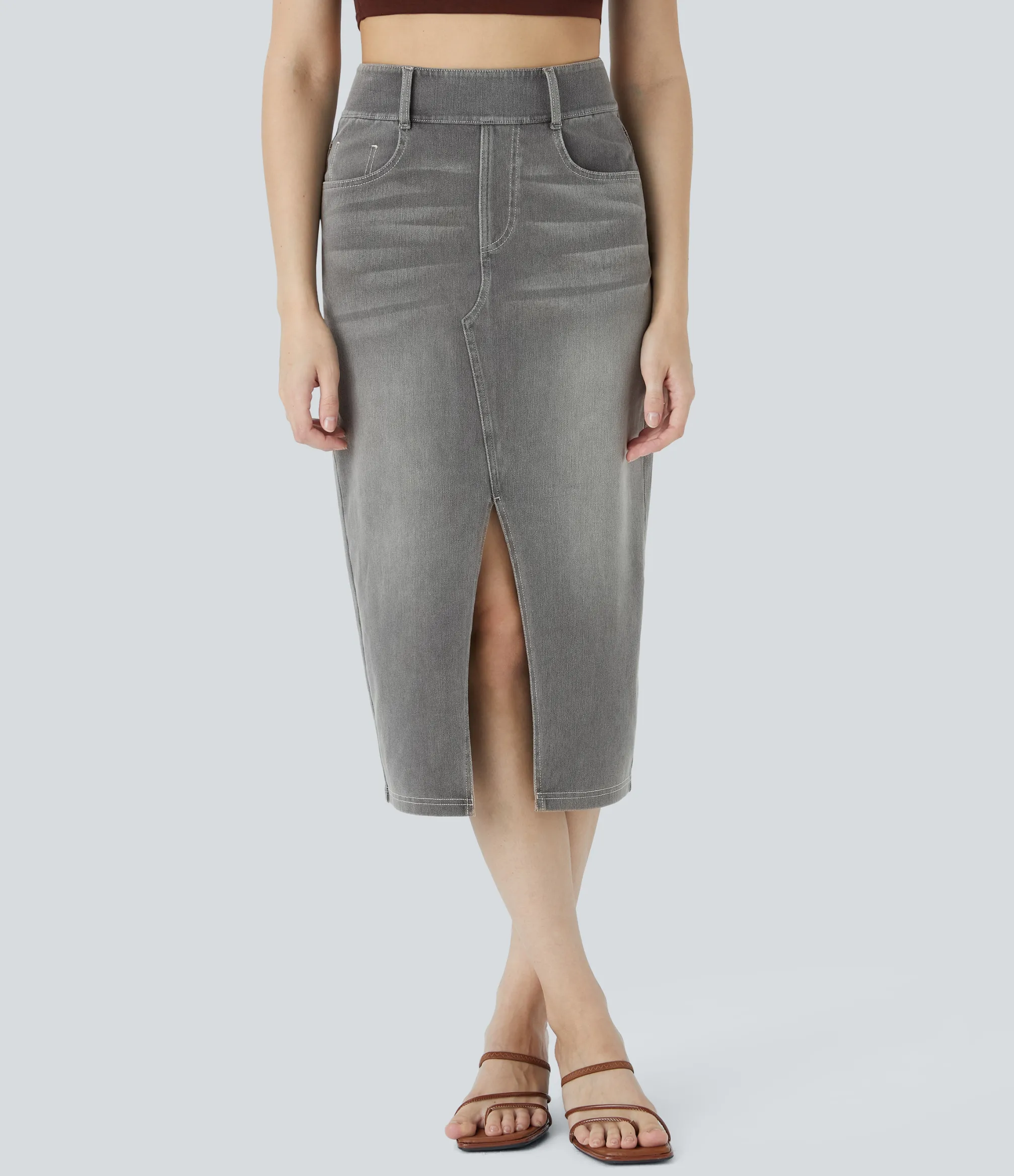 Denim Skirts|Maxi & Midi Skirts<HALARA Flex™ High Waisted Pockets Bodycon Washed Denim Casual Midi Skirt