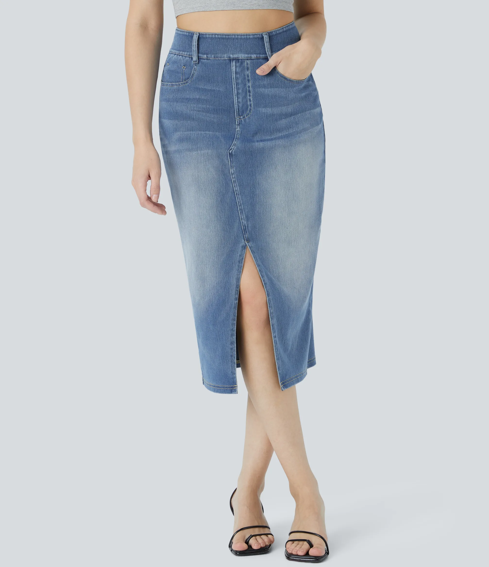 Denim Skirts|Maxi & Midi Skirts<HALARA Flex™ High Waisted Pockets Bodycon Washed Denim Casual Midi Skirt