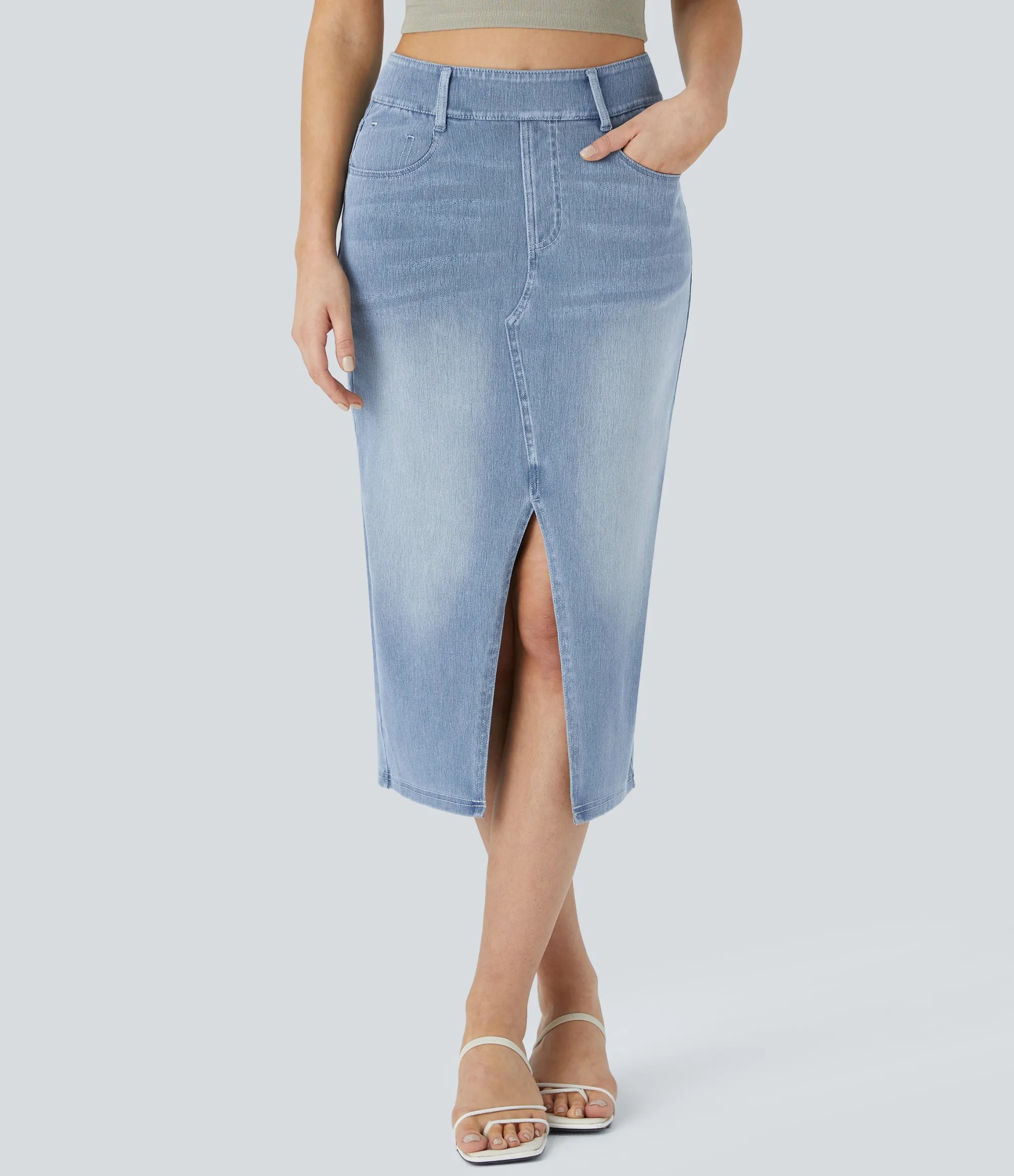 Denim Skirts|Maxi & Midi Skirts<HALARA Flex™ High Waisted Pockets Bodycon Washed Denim Casual Midi Skirt