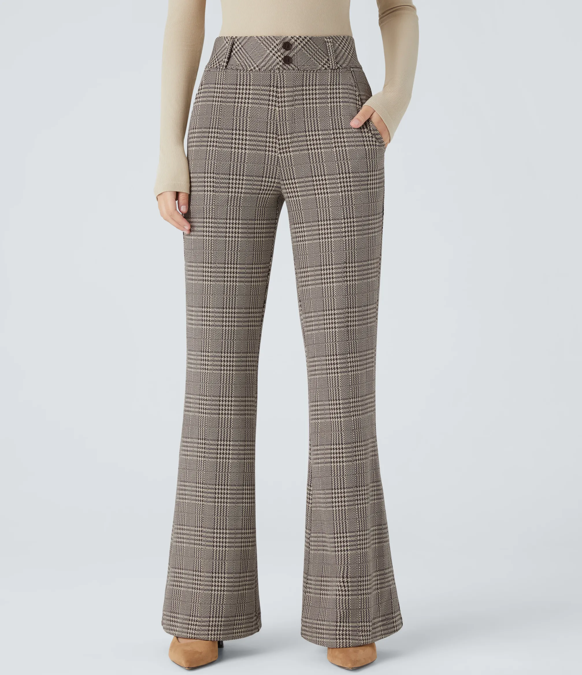 High-Waisted Pants|Skinny Pants<HALARA Flex™ High Waisted Decorative Pocket Houndstooth Plaid Work Flare Pants