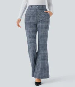 High-Waisted Pants|Skinny Pants<HALARA Flex™ High Waisted Decorative Pocket Houndstooth Plaid Work Flare Pants