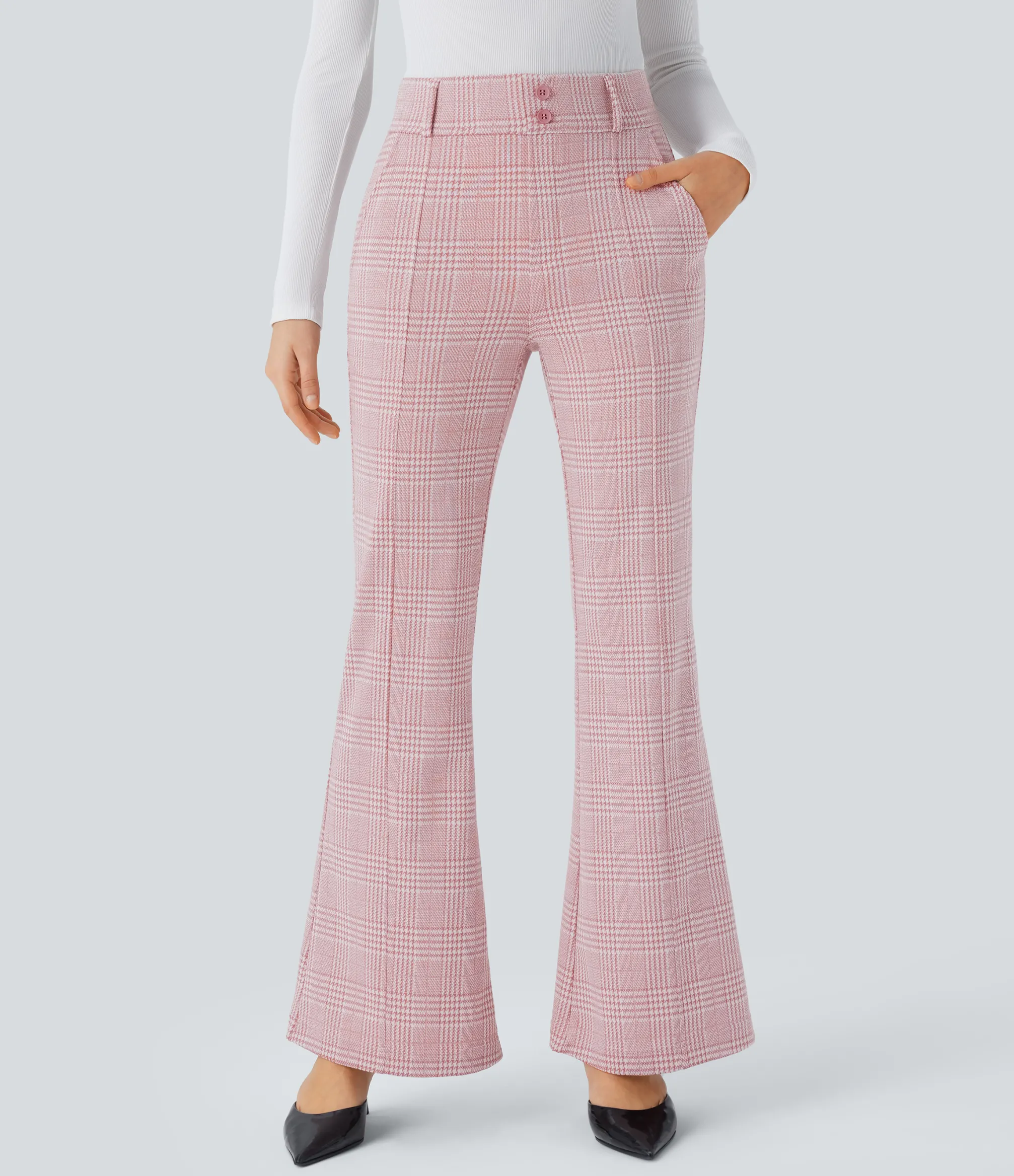 High-Waisted Pants|Skinny Pants<HALARA Flex™ High Waisted Decorative Pocket Houndstooth Plaid Work Flare Pants
