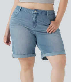 Plus-Size Denim|Plus Size<HALARA Flex™ High Waisted Multiple Pockets Rolled Hem Washed Stretchy Knit Denim Casual Plus Size Bermuda Shorts