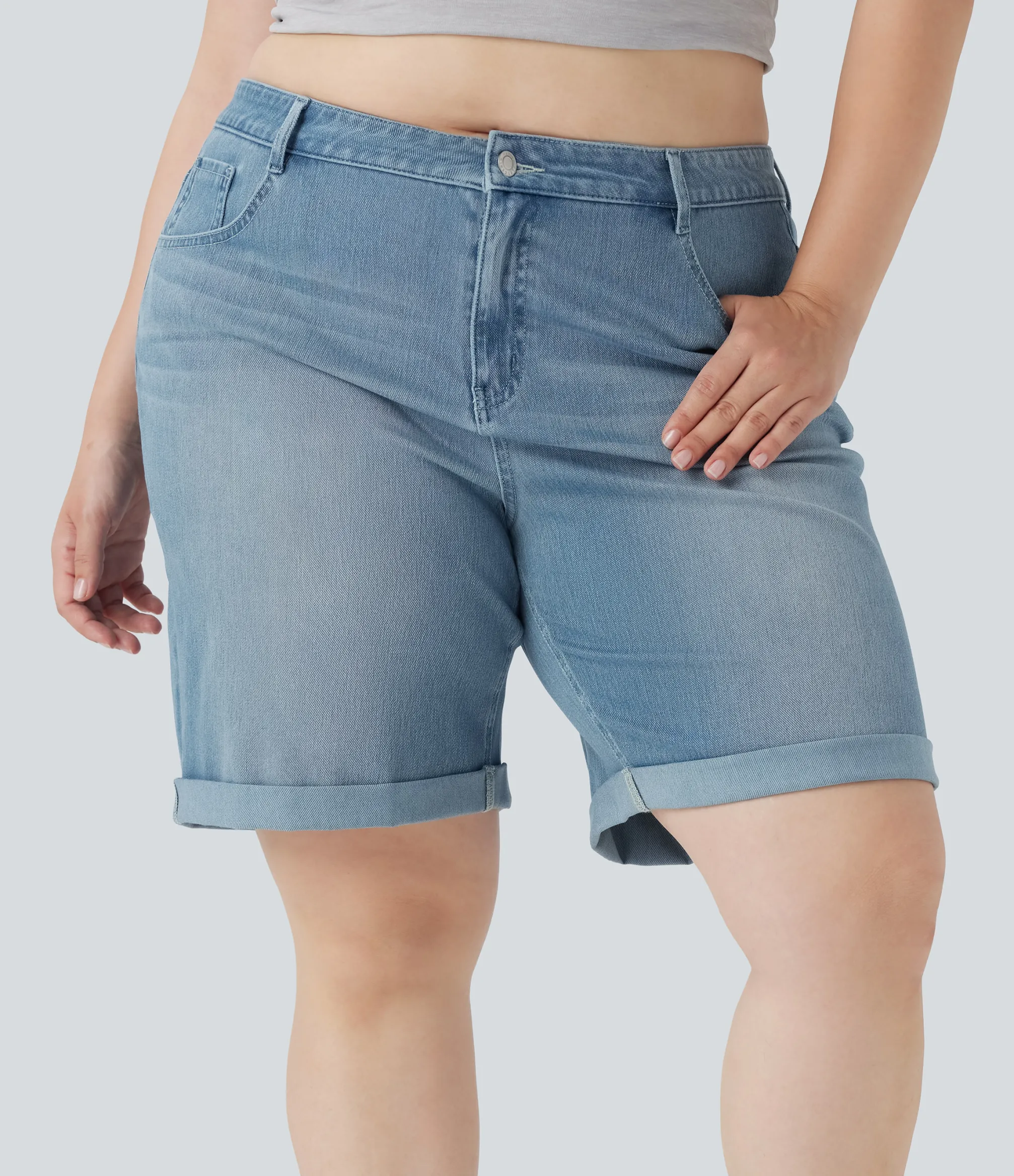Plus-Size Denim|Plus Size<HALARA Flex™ High Waisted Multiple Pockets Rolled Hem Washed Stretchy Knit Denim Casual Plus Size Bermuda Shorts