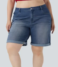 Plus-Size Denim|Plus Size<HALARA Flex™ High Waisted Multiple Pockets Rolled Hem Washed Stretchy Knit Denim Casual Plus Size Bermuda Shorts