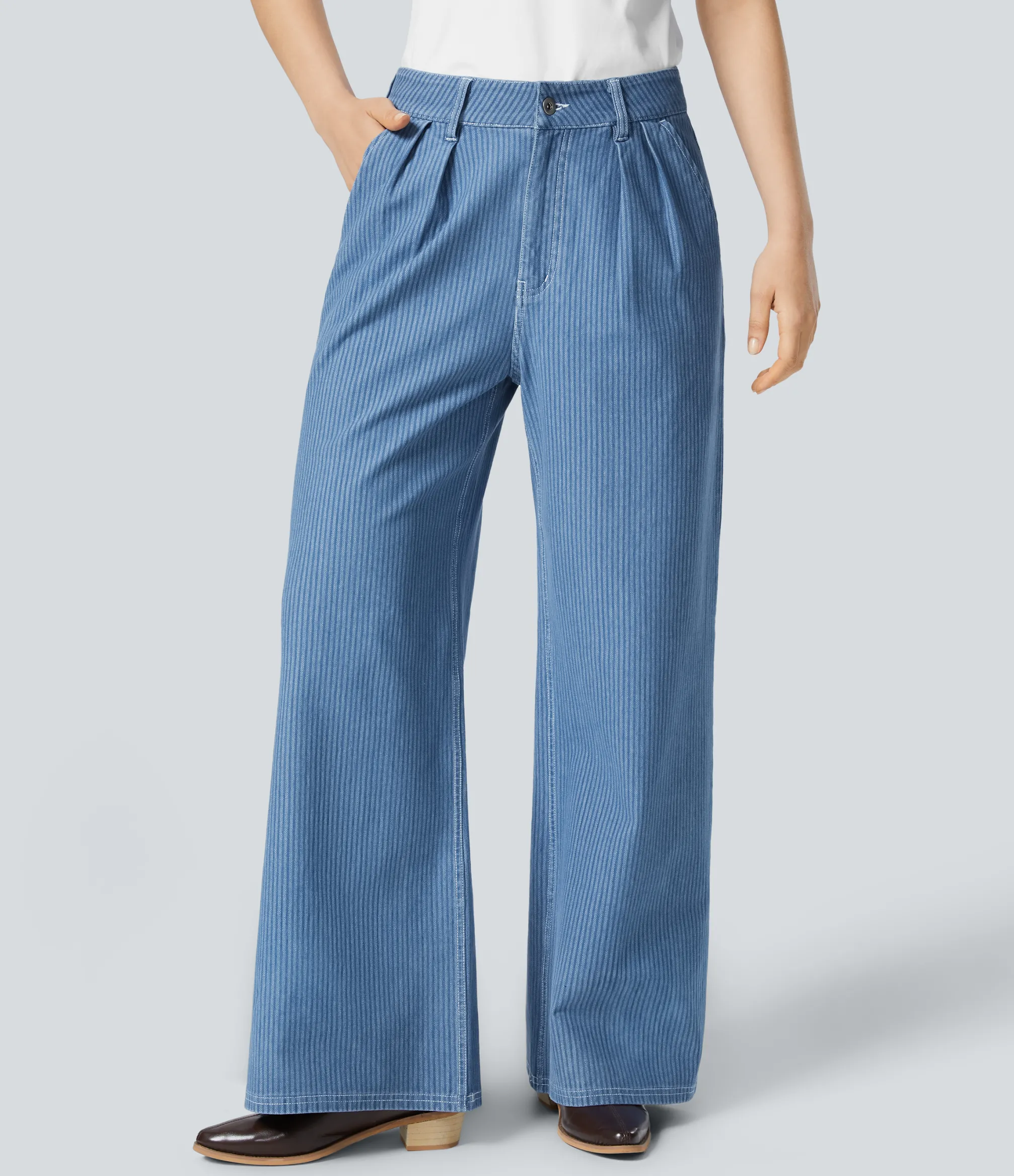 High Waisted Jeans|Wide Leg Jeans<HALARA Flex™ High Waisted Pockets Striped Washed Casual Baggy Wide Leg Jeans