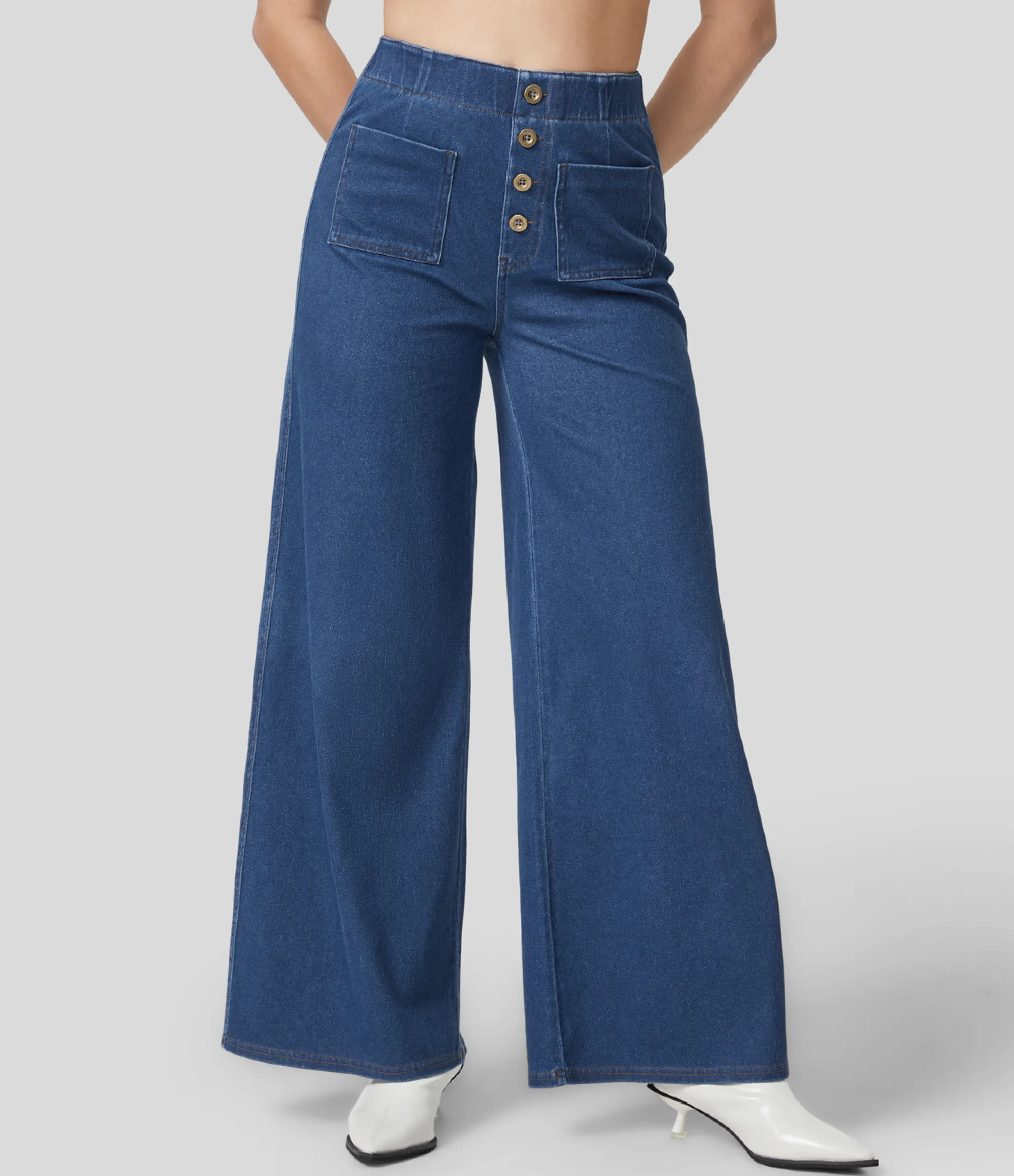 High Waisted Jeans|Wide Leg Jeans<HALARA Flex™ High Waisted Pockets Washed Casual Wide Leg Full Length Jeans