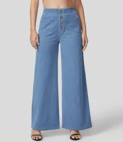 High Waisted Jeans|Wide Leg Jeans<HALARA Flex™ High Waisted Pockets Washed Casual Wide Leg Full Length Jeans