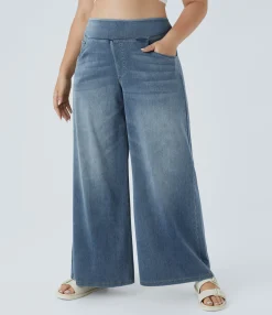 Plus-Size Denim|Plus Size<HALARA Flex™ High Waisted Pockets Baggy Wide Leg Washed Casual Plus Size Jeans