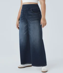 Plus-Size Denim|Plus Size<HALARA Flex™ High Waisted Pockets Baggy Wide Leg Washed Casual Plus Size Jeans