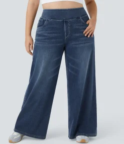 Plus-Size Denim|Plus Size<HALARA Flex™ High Waisted Pockets Baggy Wide Leg Washed Casual Plus Size Jeans
