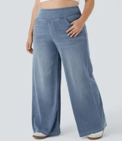 Plus-Size Denim|Plus Size<HALARA Flex™ High Waisted Pockets Baggy Wide Leg Washed Casual Plus Size Jeans