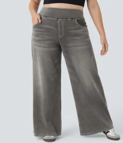 Plus-Size Denim|Plus Size<HALARA Flex™ High Waisted Pockets Baggy Wide Leg Washed Casual Plus Size Jeans