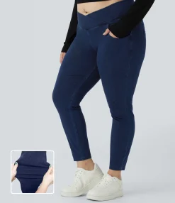 Pocket Leggings|Crossover Leggings<HALARA Flex™ High Waisted Crossover Pockets Denim 7/8 Plus Size Work Leggings