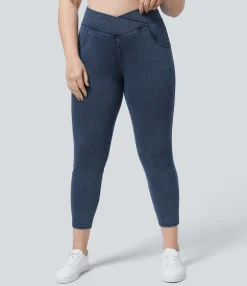 Pocket Leggings|Crossover Leggings<HALARA Flex™ High Waisted Crossover Pockets Denim 7/8 Plus Size Work Leggings