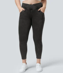 Pocket Leggings|Crossover Leggings<HALARA Flex™ High Waisted Crossover Pockets Denim 7/8 Plus Size Work Leggings