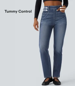 High Waisted Jeans|Jeans<HALARA Flex™ High Waisted Tummy Control Washed Casual Slim Jeans with Pockets