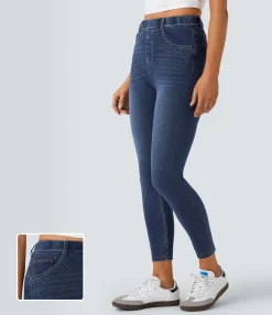 Pocket Leggings|Casual Wear Leggings<HALARA Flex™ High Waisted Pockets Rhinestone Denim 7/8 Casual Leggings