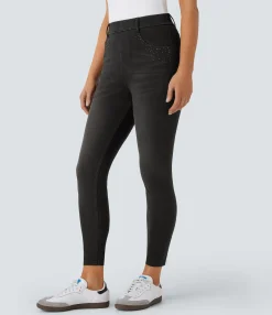 Pocket Leggings|Casual Wear Leggings<HALARA Flex™ High Waisted Pockets Rhinestone Denim 7/8 Casual Leggings
