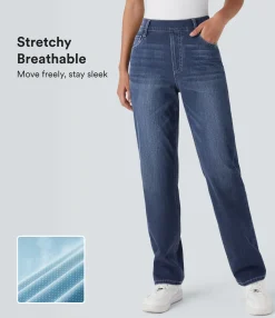 High Waisted Jeans|Straight-Leg Jeans<HALARA Flex™ High Waisted Multiple Pockets Straight Leg Washed Stretchy Knit Casual Jeans