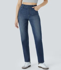High Waisted Jeans|Straight-Leg Jeans<HALARA Flex™ High Waisted Multiple Pockets Straight Leg Washed Stretchy Knit Casual Jeans