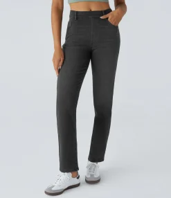 High Waisted Jeans|Straight-Leg Jeans<HALARA Flex™ High Waisted Multiple Pockets Straight Leg Washed Stretchy Knit Casual Jeans