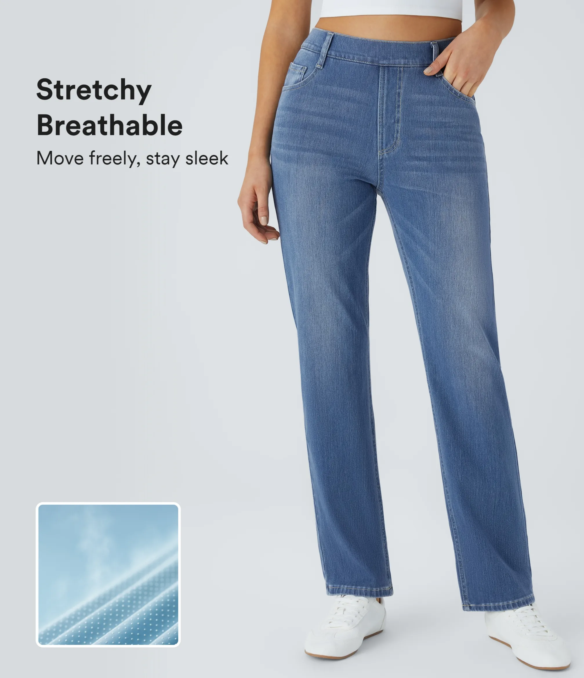 High Waisted Jeans|Straight-Leg Jeans<HALARA Flex™ High Waisted Multiple Pockets Straight Leg Washed Stretchy Knit Casual Jeans