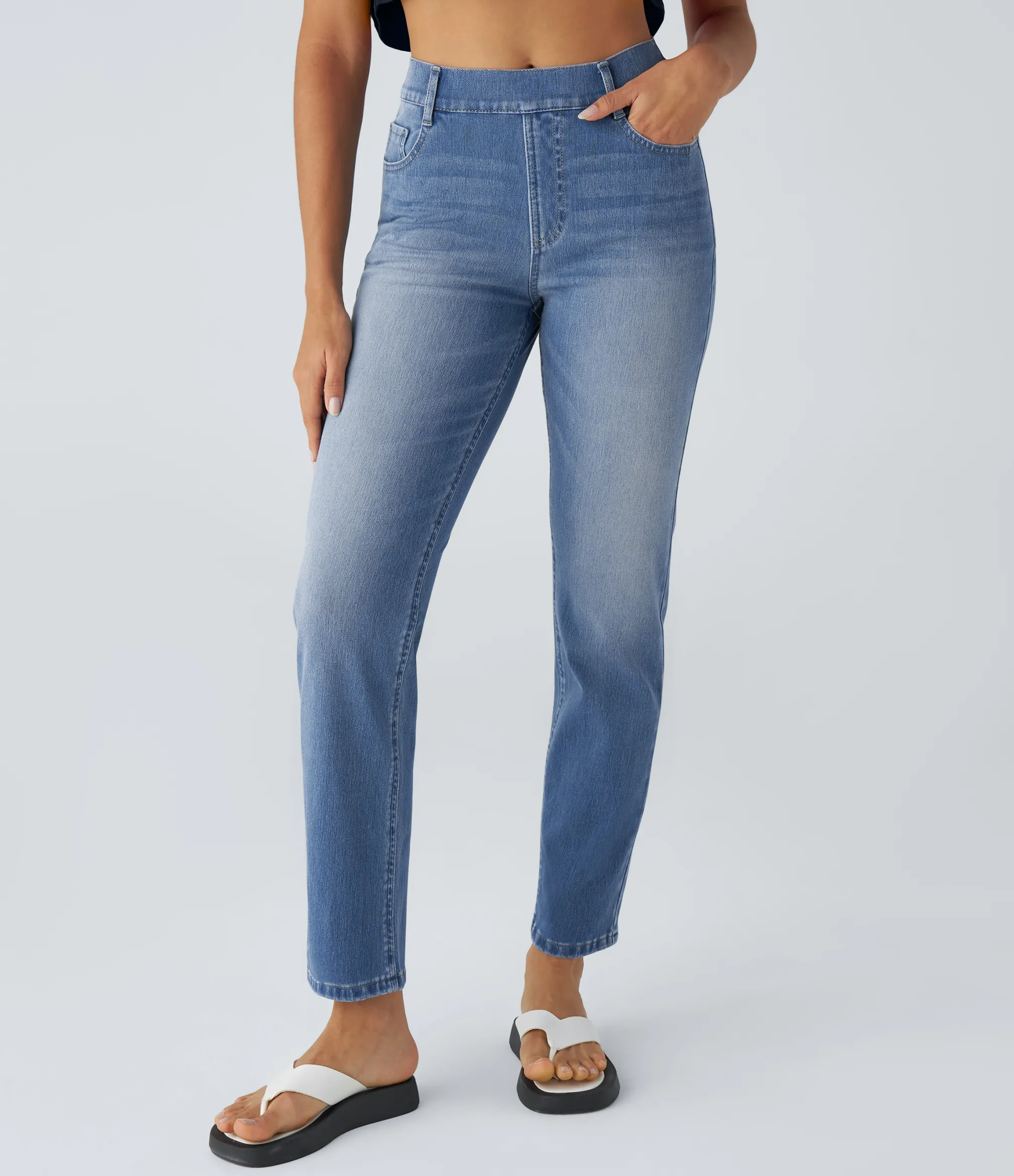 High Waisted Jeans|Straight-Leg Jeans<HALARA Flex™ High Waisted Multiple Pockets Straight Leg Washed Stretchy Knit Casual Jeans