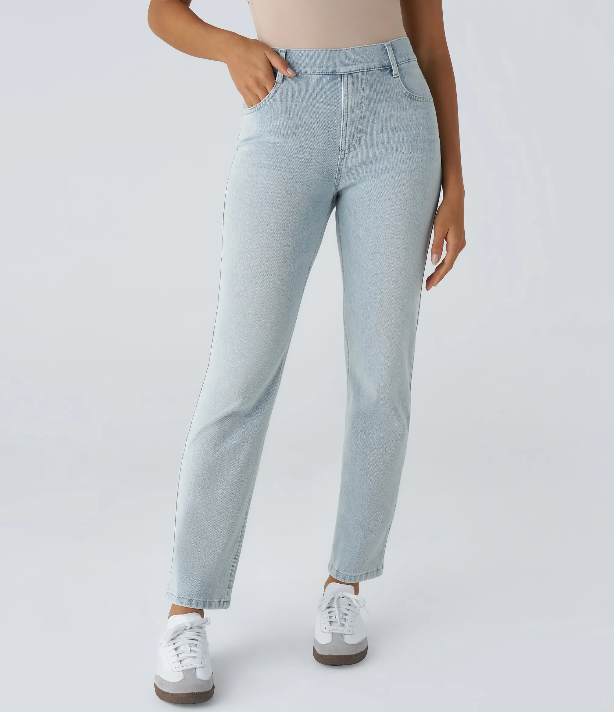 High Waisted Jeans|Straight-Leg Jeans<HALARA Flex™ High Waisted Multiple Pockets Straight Leg Washed Stretchy Knit Casual Jeans