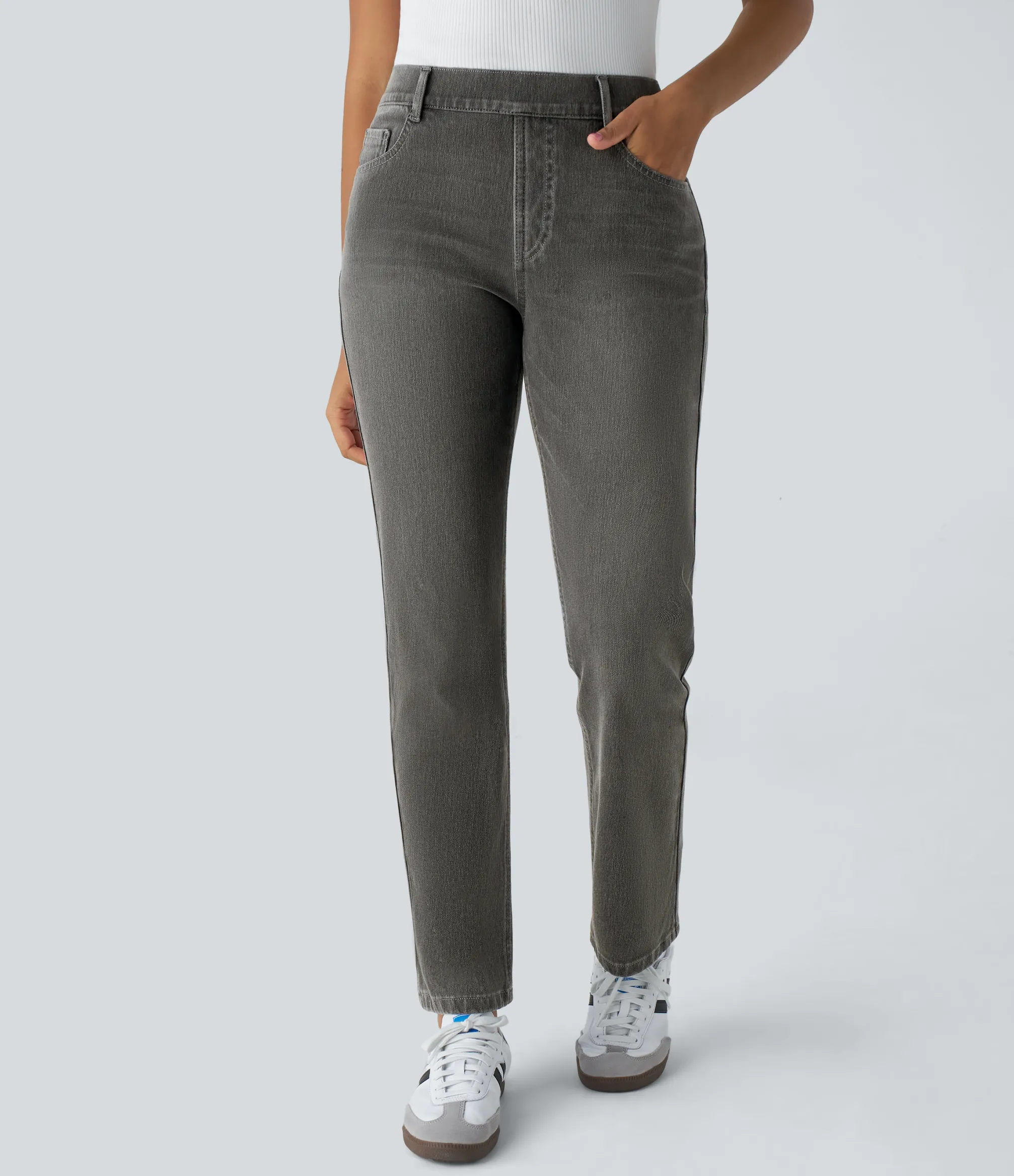High Waisted Jeans|Straight-Leg Jeans<HALARA Flex™ High Waisted Multiple Pockets Straight Leg Washed Stretchy Knit Casual Jeans