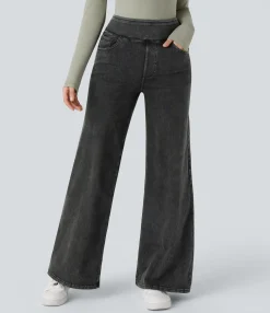 High Waisted Jeans|Wide Leg Jeans<HALARA Flex™ High Waisted Pockets Wide Leg Casual Thermal Jeans