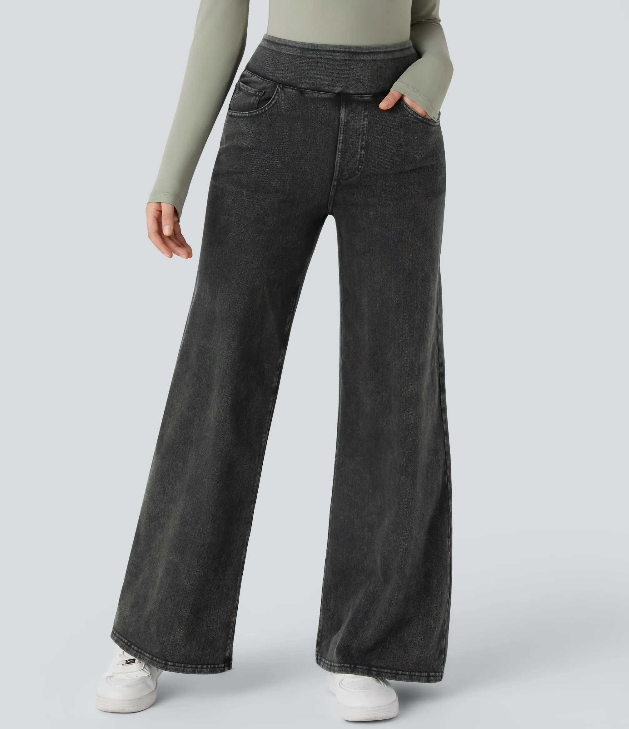 High Waisted Jeans|Wide Leg Jeans<HALARA Flex™ High Waisted Pockets Wide Leg Casual Thermal Jeans