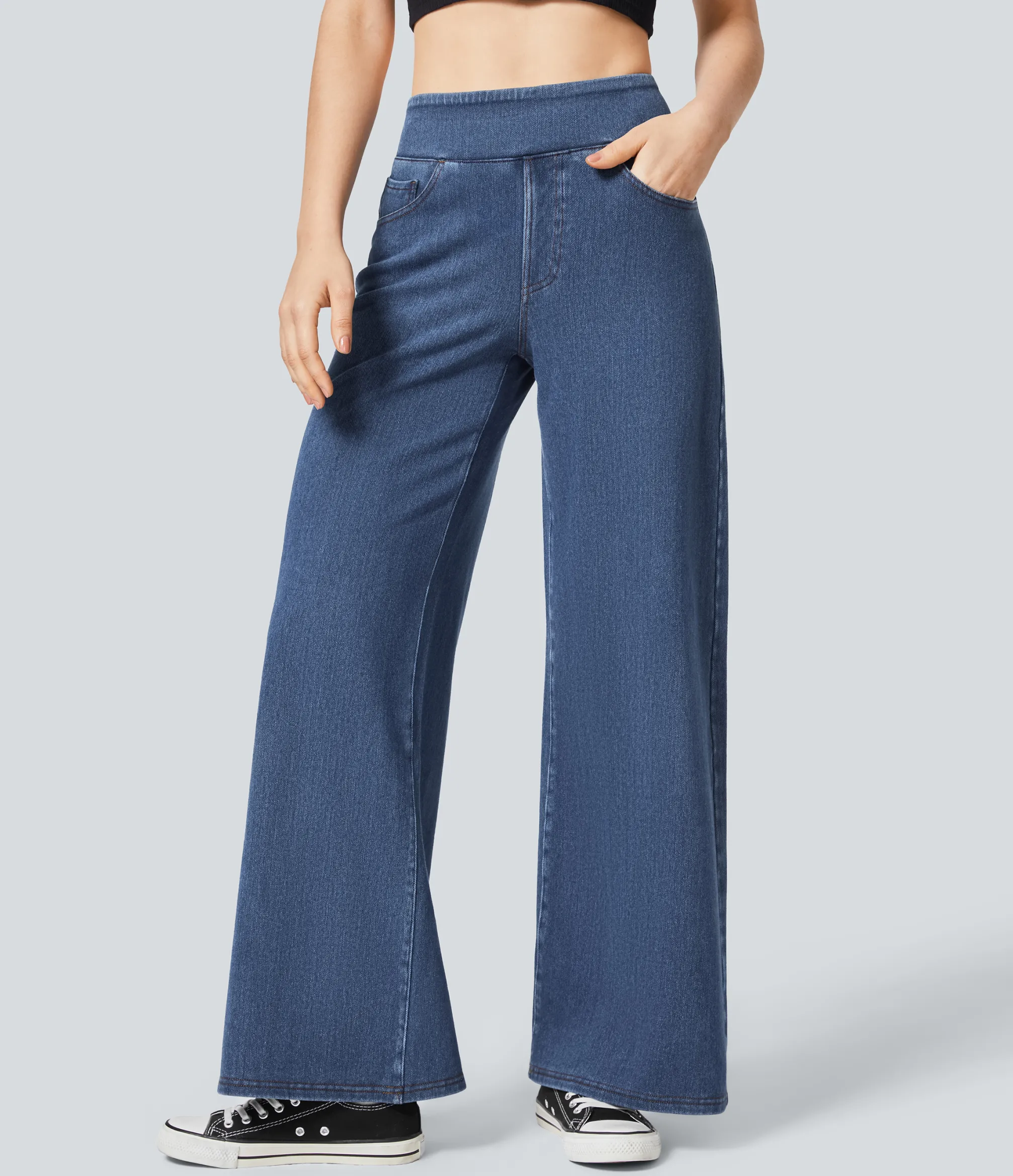 High Waisted Jeans|Wide Leg Jeans<HALARA Flex™ High Waisted Pockets Wide Leg Casual Thermal Jeans