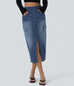 Denim Skirts|Maxi & Midi Skirts<HALARA Flex™ High Waisted Pockets Bodycon Washed Denim Midi Casual Cargo Skirt