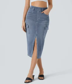 Denim Skirts|Maxi & Midi Skirts<HALARA Flex™ High Waisted Pockets Bodycon Washed Denim Midi Casual Cargo Skirt