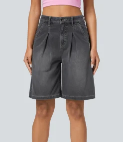 Denim Shorts|Denim Shorts<HALARA Flex™ High Waisted Zipper Pockets Washed Denim Casual Shorts