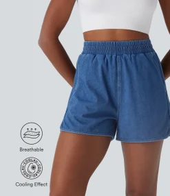 Denim Shorts|Denim Shorts<HALARA Flex™ High Waisted Curved Hem Cool Touch Washed Denim Casual Shorts with Pockets