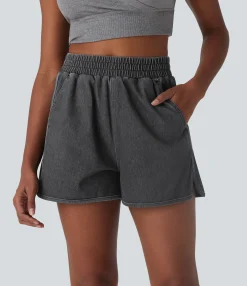Denim Shorts|Denim Shorts<HALARA Flex™ High Waisted Curved Hem Cool Touch Washed Denim Casual Shorts with Pockets