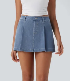 Denim Skirts|Denim Skirts<HALARA Flex™ High Waisted 2-in-1 Washed Stretchy Knit Denim Casual A-line Skort with Pockets