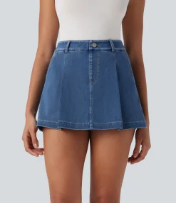Denim Skirts|Denim Skirts<HALARA Flex™ High Waisted 2-in-1 Washed Stretchy Knit Denim Casual A-line Skort with Pockets