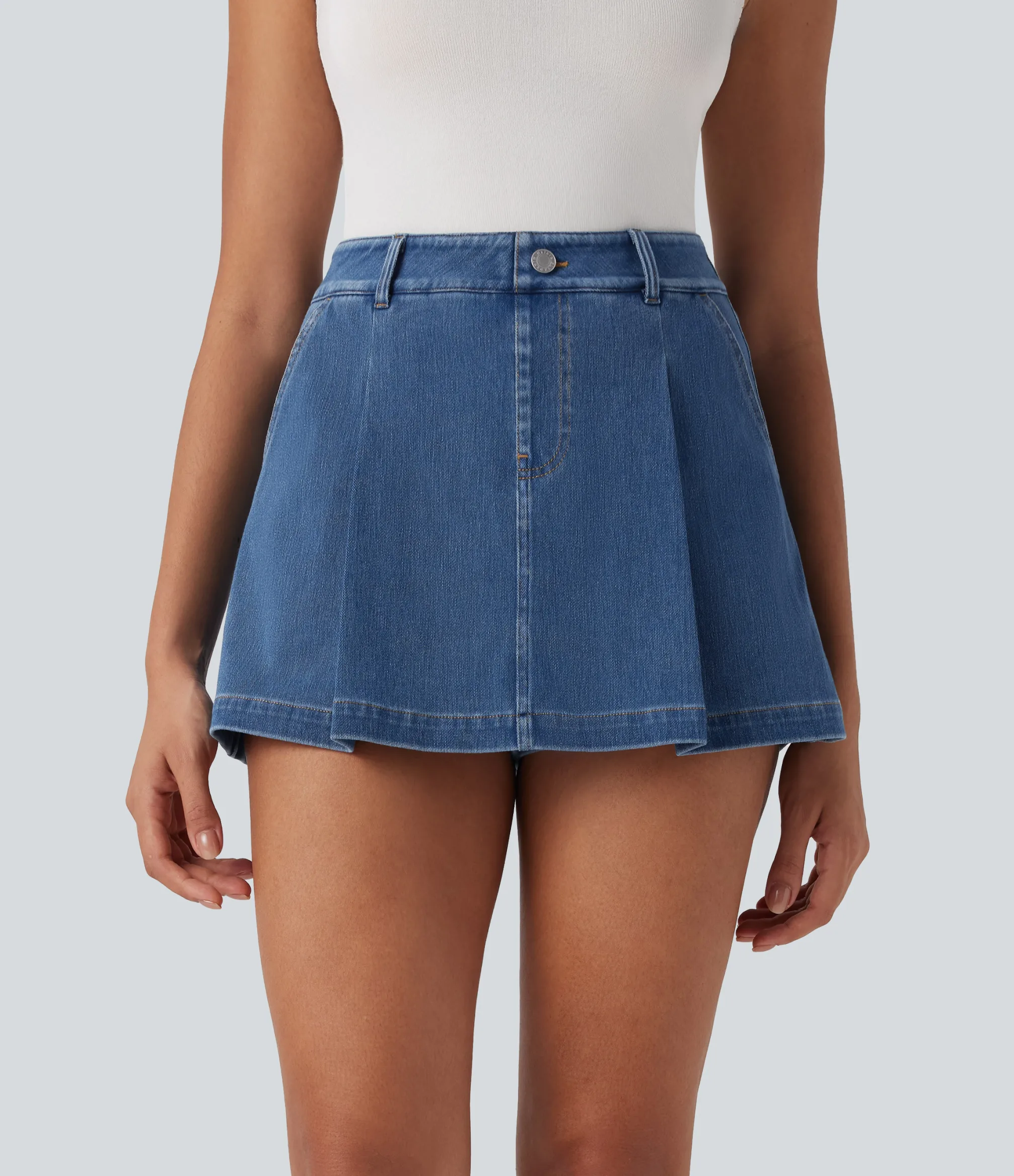 Denim Skirts|Denim Skirts<HALARA Flex™ High Waisted 2-in-1 Washed Stretchy Knit Denim Casual A-line Skort with Pockets