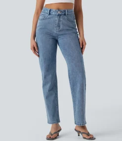 Straight-Leg Jeans|High-Waisted Pants<HALARA Flex™ High Waisted Zipper Pockets Straight Leg Casual Jeans