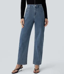 Straight-Leg Jeans|High-Waisted Pants<HALARA Flex™ High Waisted Zipper Pockets Straight Leg Casual Jeans