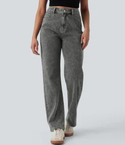 Straight-Leg Jeans|High-Waisted Pants<HALARA Flex™ High Waisted Zipper Pockets Straight Leg Casual Jeans