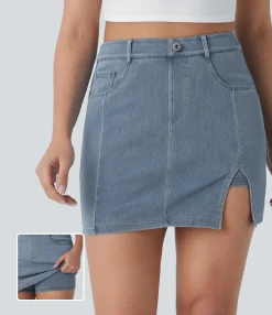 Denim Skirts|Mini Skirts<HALARA Flex™ High Waisted Pockets 2-in-1 Bodycon Mini Washed Denim Casual Skirt